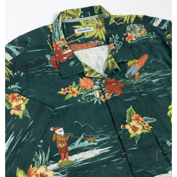 Tommy Bahama Santa Christmas Shirt Men's 3XL Silk Hawaiian Green Aloha Holidays - Picture 4 of 16